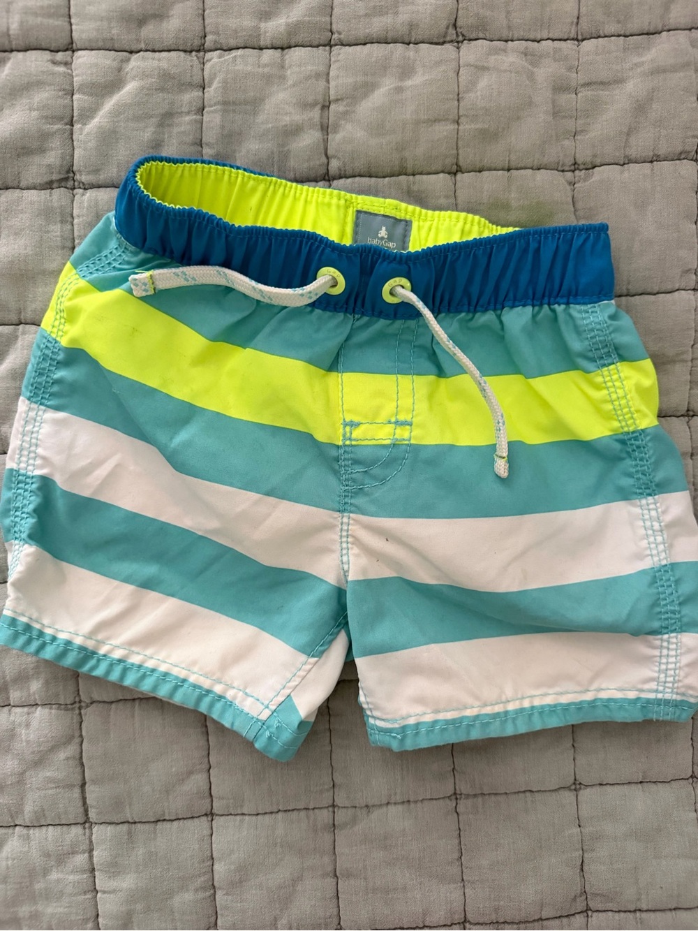 GAP Boys Aqua, White & Neon Yellow Striped Swim Trunks